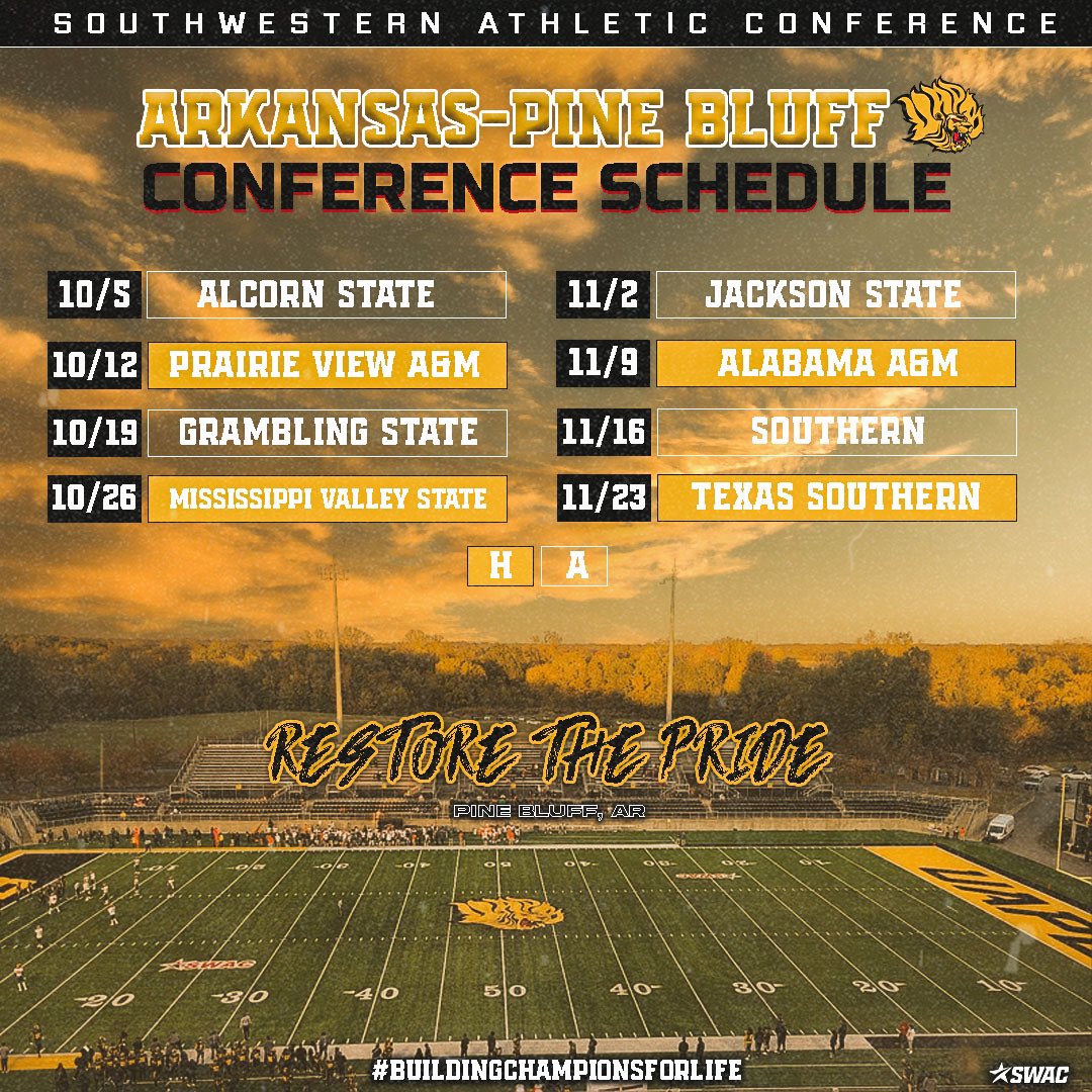 Mark your calendar 📆 - 𝙏𝙝𝙚 𝙂𝙤𝙡𝙙𝙚𝙣 𝙇𝙞𝙤𝙣𝙨 𝙖𝙧𝙚 𝙘𝙤𝙢𝙞𝙣𝙜 𝙩𝙤 𝙖 𝙛𝙞𝙚𝙡𝙙 𝙣𝙚𝙖𝙧 𝙮𝙤𝙪 … 🦁

Here is Arkansas-Pine Bluff’s official conference schedule ➡️

#SWACFB | #BuildingChampionsForLife