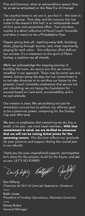 dsilver88's tweet photo. Excellent message from the @NHLFlyers leadership group to the season ticket holders, well delivered and best of all they won't be raising prices for next season

This group knows how to treat fans and I would recommend becoming a STH to any fans that are interested https://t.co/YsYOMTlwz2