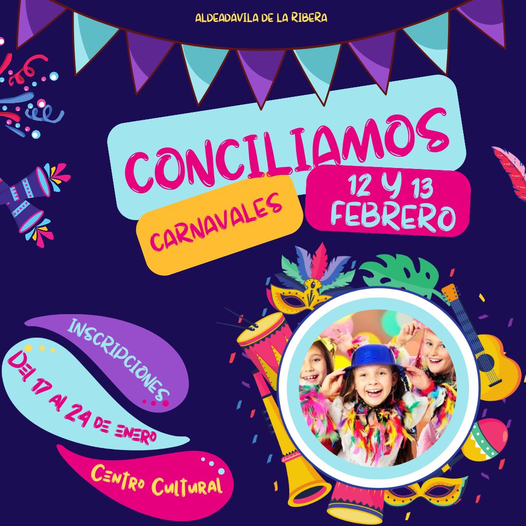⚠️Recuerda⚠️ que mañana es el último día para solicitar plaza para el programa "Conciliamos" de los días 12 y 13 de febrero🃏.

💥En Carnavales, en Aldeadávila...,¡CONCILIAMOS!💥