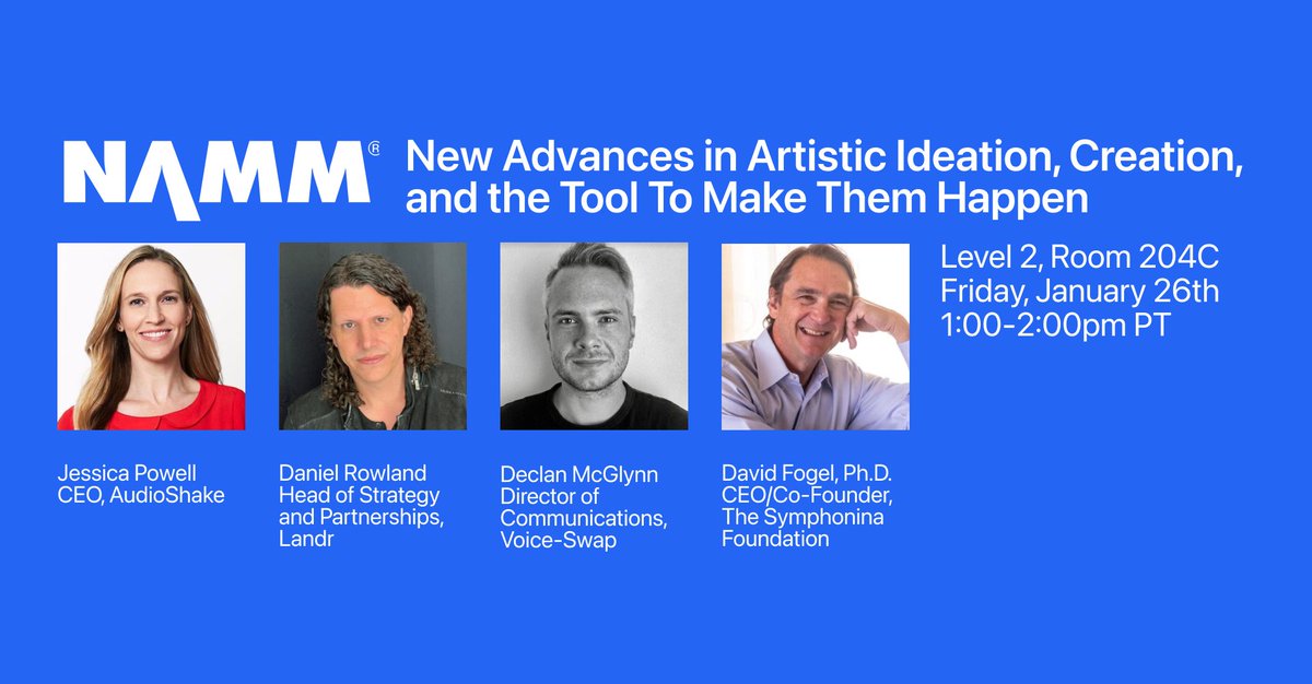 AudioShakeAI's tweet photo. Back at @NAMMShow talking all things #AI, #stemseparation, + future of #musicproduction. Give us a shout if you’re attending + want to meet up with @themoko. Or catch her talk w/ Daniel Rowland (@LANDR_music), Declan McGlynn (@voiceswapai), David Fogel (The Symphonina Foundation) https://t.co/PlKui9qgy1