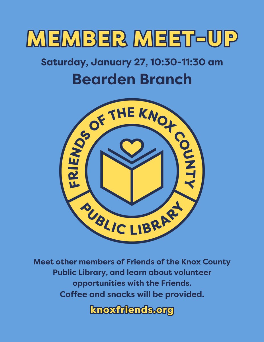 Join me this Saturday, January 27th at Knoxville's Bearden Branch Library for a Member Meet-up. If you want to donate books to Friends of Knox Co. Public Library, bring no more than 3 medium-sized boxes. Thanks!!! See you Saturday.