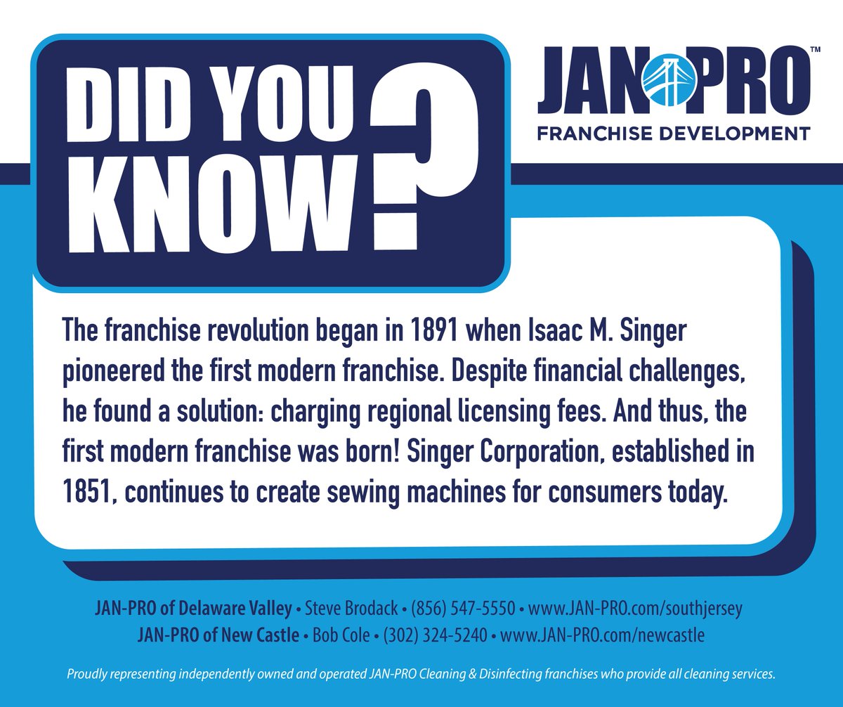 JanProDelaware's tweet photo. Help carry on Singer's legacy by starting a franchise of your own with JAN-PRO Cleaning &amp; Disinfecting. Learn more at https://t.co/KtkjDN5BkU #FranchiseRevolution #SingerLegacy https://t.co/Qm0vDMROBj