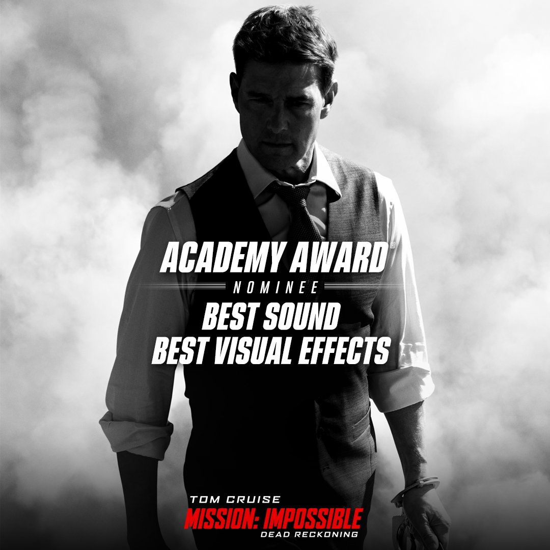 MissionFilm's tweet photo. Congratulations to the cast and crew of #MissionImpossible - Dead Reckoning on their Academy Award nominations for Best Sound and Best Visual Effects! #Oscars https://t.co/o4rEnqu7jV