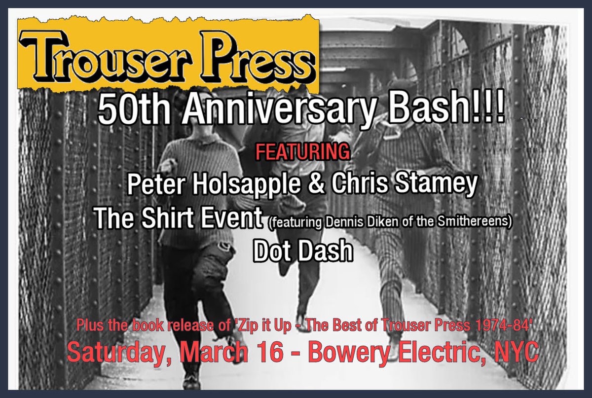 @trouserpress loomed large in my youth. It was one of the first/best to shine a light on the nascent punk/indie scene I loved. Saying it's an honor to play their 50th Anniversary bash is a massive understatement. Thanks @IARobbins for your support. See you at @boweryelectric!