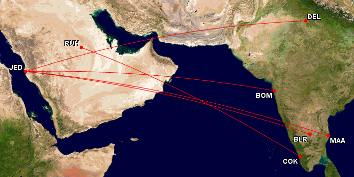 According to ACL (acl-uk.org), these are the new Slots Indian airlines have obtained in Saudi Arabia

🔵 IndiGo : Bengaluru - Jeddah
🟠 Akasa Air : Mumbai, Delhi - Jeddah
🟠 Air India Express : Chennai - Jeddah
🔴 Air India : Kochi - Riyadh

Map via @gcmap