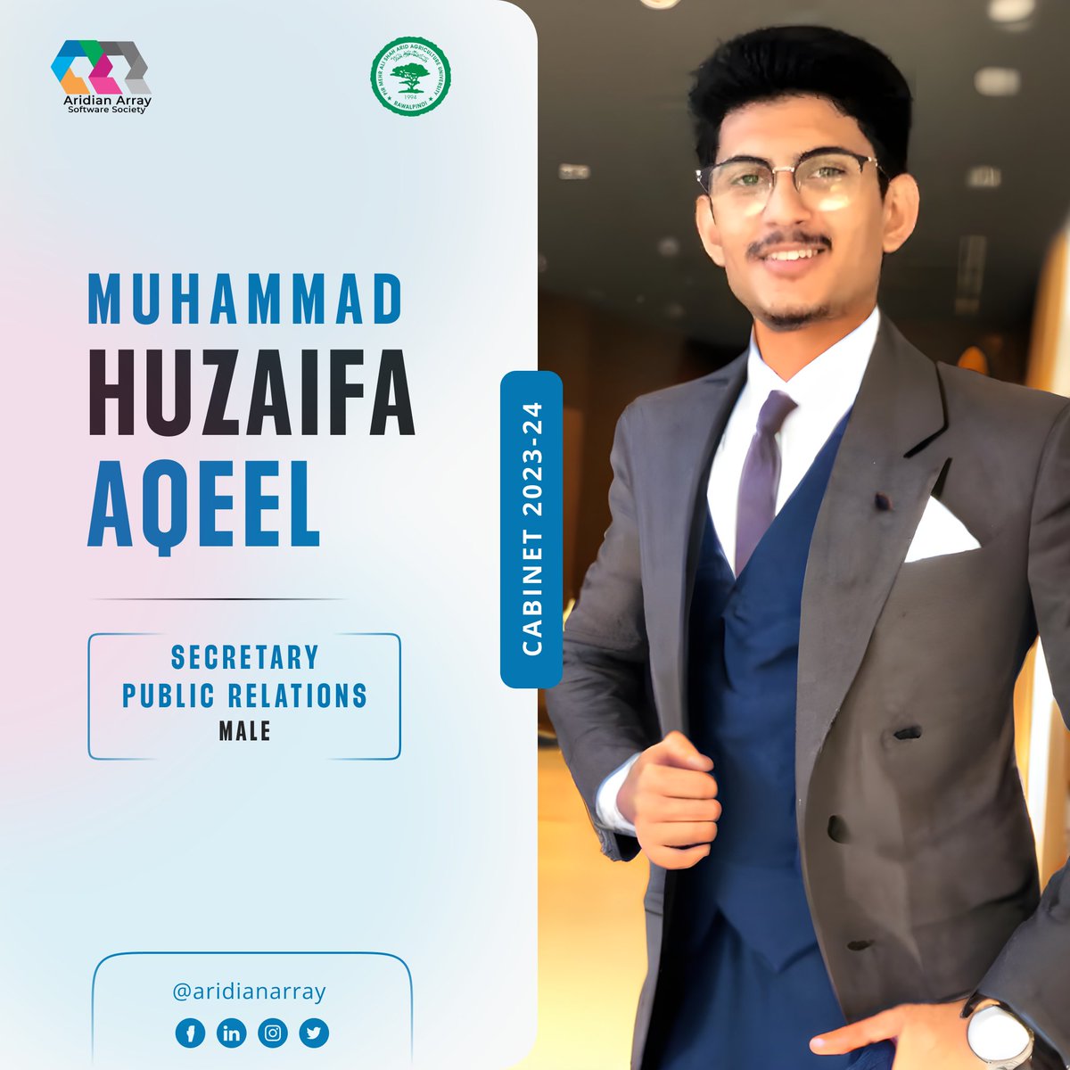 AridianArray's tweet photo. Meet Muhammad Huzaifa, our Public Relations(Male) maestro crafting the narrative for aridian array!
A new member from BSCS 3rd semester.He is set to elevate the aridian array's public image,that the society remains at the forefront of positive engagement within the university. https://t.co/Kh0VS0wZv9
