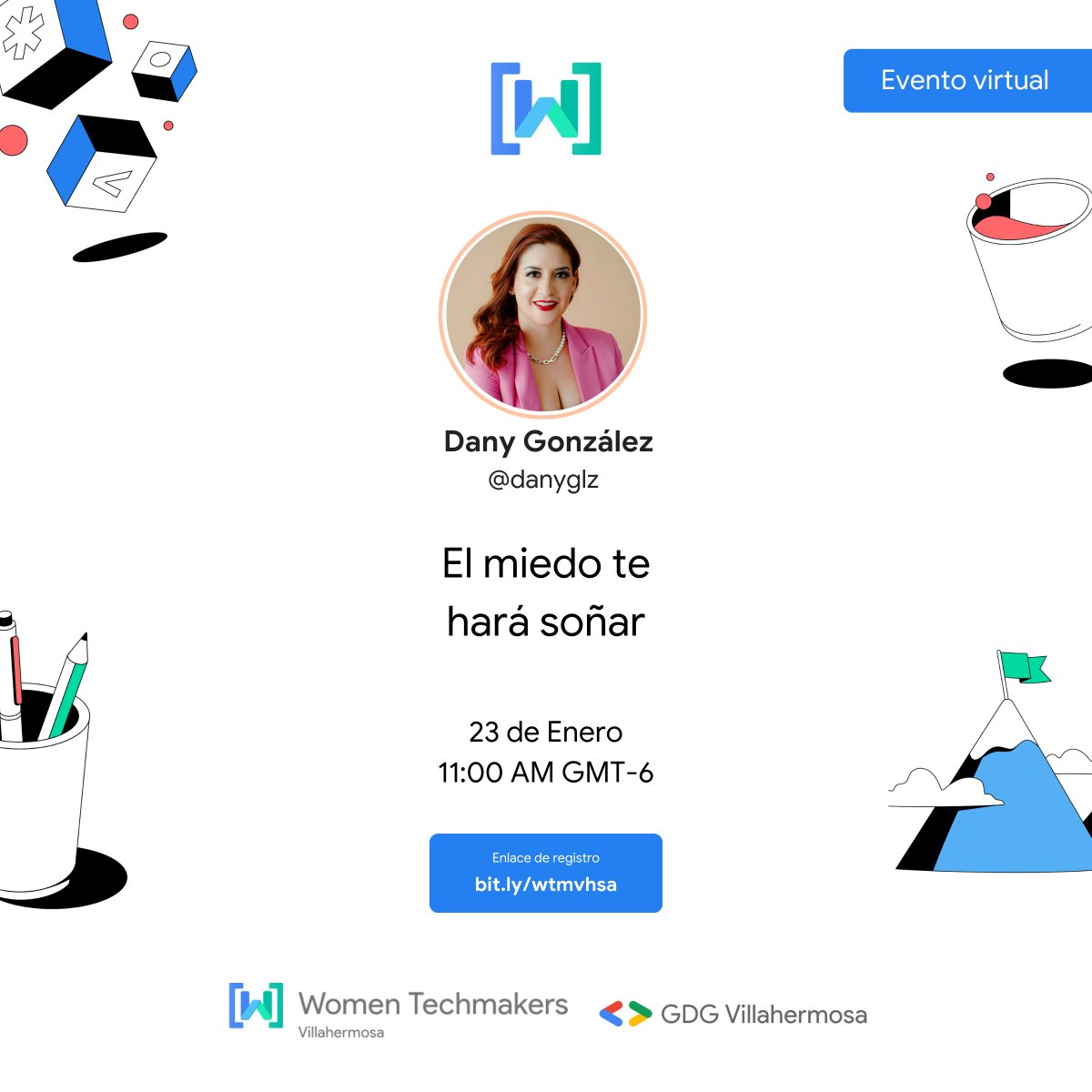 Llego el día 🙌🏼

Nos vemos a las 11 am con <a href="/danyglz/">Dany González ✨❤️</a> en el canal de Youtube de WTM Vhsa 

Link de registro 👉🏼 bit.ly/wtmvhsa