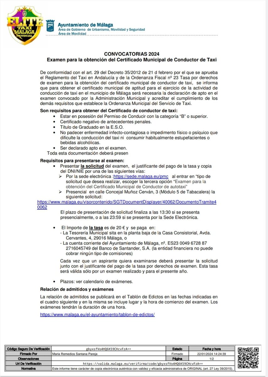 EliteTaxiMalaga's tweet photo. El Excmo.
@malaga nos ha hecho llegar las próximas convocatorias para la obtención del Permiso #Municipal de #Conductor de #Taxi
Y, nos pide su difusión.
Os dejamos la info.
Este año son
8 #Convocatorias.
Un saludo desde
#ELITE #TAXI
#MÁLAGA #PROVINCIAL
#PORyPARA
👊🏻👊🏻👊🏻👊🏻 https://t.co/zp52wuHEY7