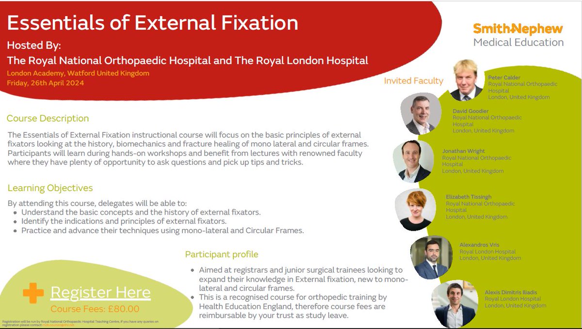 Orthopaedic trainee interested in finding out more about external fixation? Come and join the RNOH and Barts Health' Essentials of External fixation' course on Friday 26th April 2024. Registration only £80. Simulated WBAs available Link here: rnoh.nhs.uk/about-us/educa…