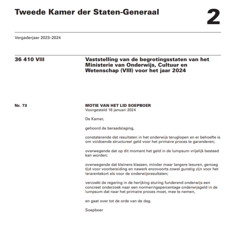 Motie lumpsum aangenomen! Er komt een onderzoek naar een normeringspercentage voor het primaire proces in de lumpsum. Top! Daarna wel snel invoeren. 

Dank <a href="/ajsoepboer/">Aant Jelle Soepboer</a> voor indienen motie! Mede dank aan SP, GL/PvdA, PvdD, Denk, Volt, D66, NSC, CU, CDA, JA21, FvD, VVD, BBB en PVV.