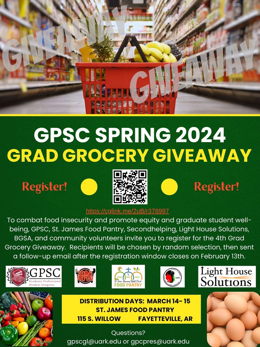 It is that time! <a href="/UArkansas/">University of Arkansas</a> Graduate and Professional student grocery giveaway. Note: You must be a graduate or law student to sign up. Be sure you are available March 14-15 (right before Spring Break) for pickup before signing up.