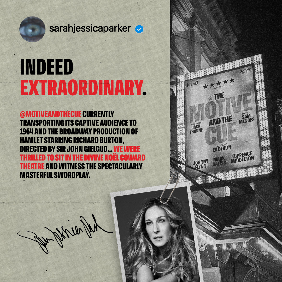 Star In The City! 🤩
#SarahJessicaParker gave a gushing review of #TheMotiveandTheCue. Thank you for joining us.