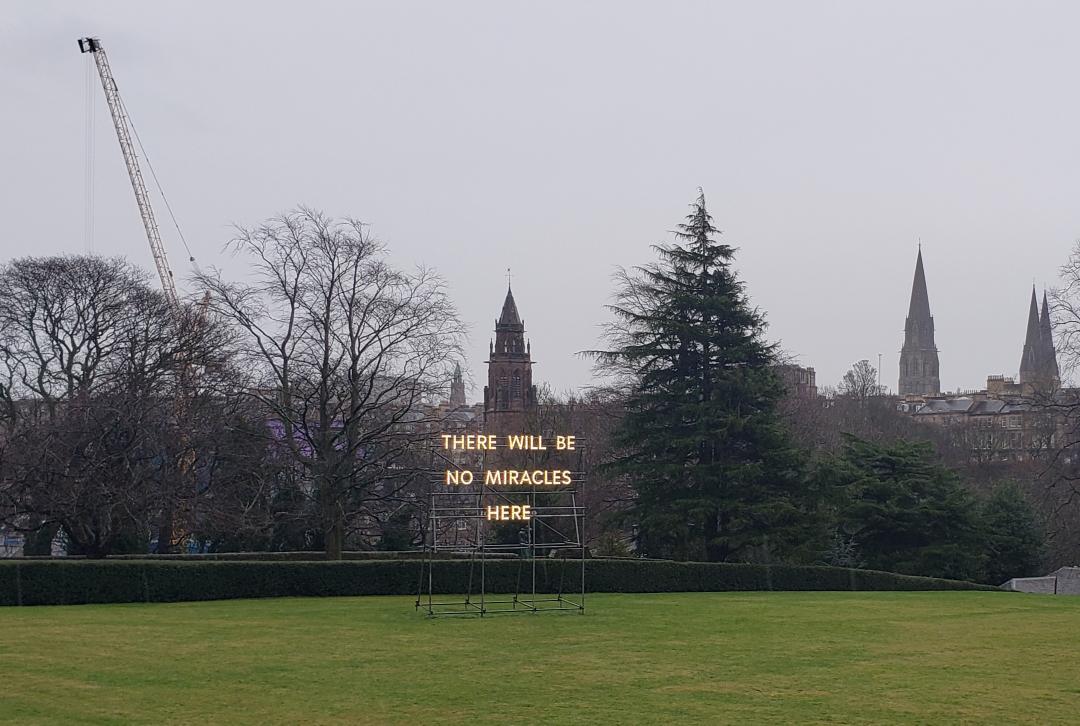 Nathan Coley's installation at the Gallery of Modern Art in Edinburgh. Given recent high winds, it is a minor miracle that it is undamaged.