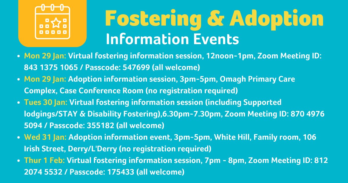 Check out the upcoming fostering and adoption events at adoptionandfostercare.hscni.net 

#HSCNIFosterCare #CouldYouFoster #giveachildabrighterfuture #HSCNIAdoption #AdoptionChangesLives
