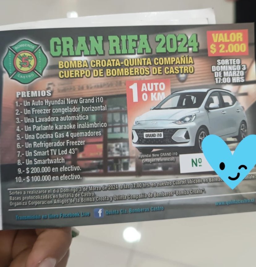 Hoy Nuestros Bomberos siguen con la venta de números de rifa ubicados en el Ingreso del Mall Paseo Chiloe,  se partícipe de Nuestra Gran Rifa 2024, Adquiriendo Tu Numero por $2.000 Donde Podras Ganar Grandes Premios como un Auto del Año  0 Km. "Ayudanos a Seguir Ayudando"
