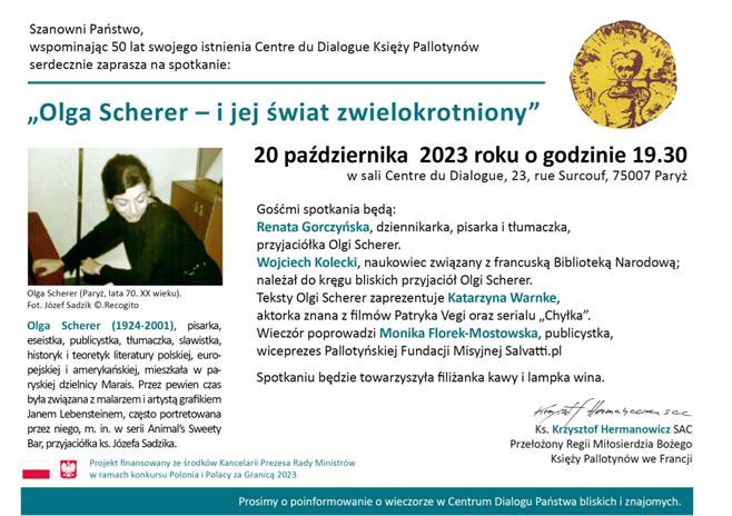 Cudowny cykl spotkań nt. Olgi Scherer w pallotyńskim Centre du Dialogue. Projekt dofinansowany z KPRM w ramach konkursu „Polonia i Polacy za granicą 2023”