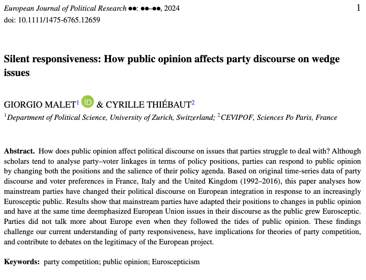 Giorgio Malet (@giorgiomalet) on Twitter photo Excited to share our latest publication in <a href="/EJPRjournal/">EJPR journal</a> with <a href="/cyrillethiebaut/">Cyrille Thiébaut</a>!
We study how mainstream parties have adapted to an increasingly Eurosceptic public, unveiling a novel strategy of “silent responsiveness”. 🤌
Check it out: doi.org/10.1111/1475-6… Excited to share our latest publication in <a href="/EJPRjournal/">EJPR journal</a> with <a href="/cyrillethiebaut/">Cyrille Thiébaut</a>!
We study how mainstream parties have adapted to an increasingly Eurosceptic public, unveiling a novel strategy of “silent responsiveness”. 🤌
Check it out: doi.org/10.1111/1475-6…