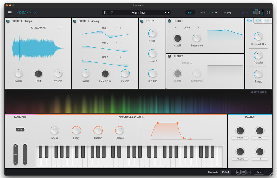 Muzyk_FCM's tweet image. 2/3 Pigments 5 zyskał m. in. sekwencer generatywny, możliwość przetwarzania zewnętrznych sygnałów audio oraz nowe przebiegi Wavetable i próbki. Powiększono też zawartość wbudowanej biblioteki, która obejmuje teraz ponad 1500 presetów. #syntezatorwirtualny #softsynth