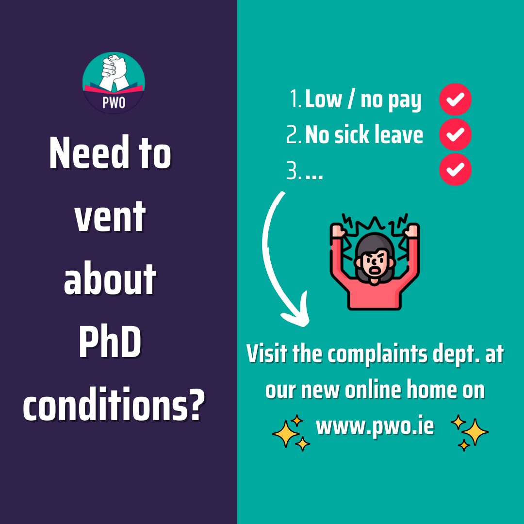 Need to vent about the poor working conditions of PhD life? We've got you covered. At our new website - pwo.ie - we've begun compiling a list of all the big, bad players who definitely don't want to hear from you... pwo.ie/complaints-dep…