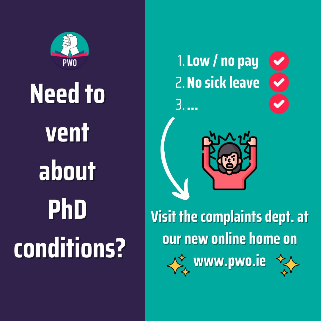PWO_Ireland's tweet photo. Need to vent about the poor working conditions of PhD life?

We've got you covered.
At our new website - https://t.co/mXAZ5brbrY -  we've begun compiling a list of all the big, bad players who definitely don't want to hear from you...

https://t.co/XyhihIbnxz https://t.co/9SqxJOP3Ep