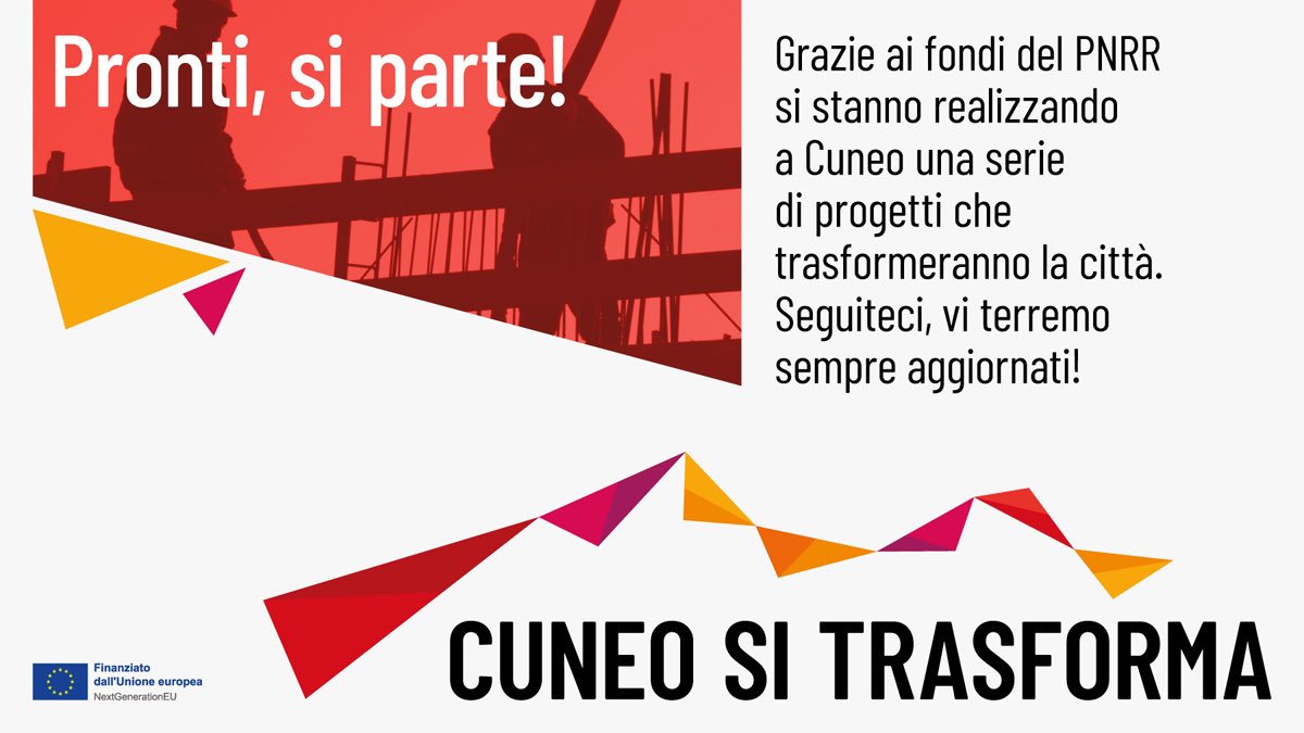 Stanno partendo i cantieri grazie ai fondi 𝗣𝗡𝗥𝗥 per la città di Cuneo. Al via anche il racconto di “𝗖𝘂𝗻𝗲𝗼 𝘀𝗶 𝘁𝗿𝗮𝘀𝗳𝗼𝗿𝗺𝗮”: ci accompagnerà fino al 2026, per spiegare i progetti del Comune finanziati dall’𝗨𝗻𝗶𝗼𝗻𝗲 𝗘𝘂𝗿𝗼𝗽𝗲𝗮.
#cuneositrasforma