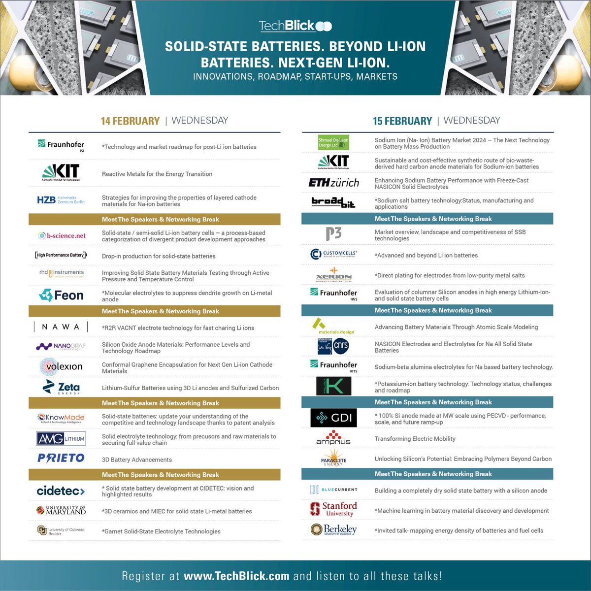 ⚡️🔋Join <a href="/TechBlickGlobal/">TechBlick</a>'s 2024 virtual #Battery event covering #solidstatebatteries and frontier materials beyond standard Li-ion chemistry including novel anodes, cathodes, and electrolytes.

⏰️14-15 FEB more about the agenda:
techblick.com/event/beyond_l…

#battsolid #battchat