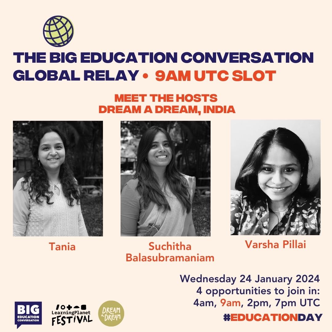BigEdConvo's tweet photo. It's time to co-create the #BigEdConversation Global Relay!

1. Choose your call: UTC 4am / 9am / 2pm / 7pm
2. Register to receive the zoom link: https://t.co/poPzbD02BM
3. Send this post to a colleague or friend, inviting them to join you 🌏🌍🌎

#EducationDay https://t.co/2CzzVqD3C4