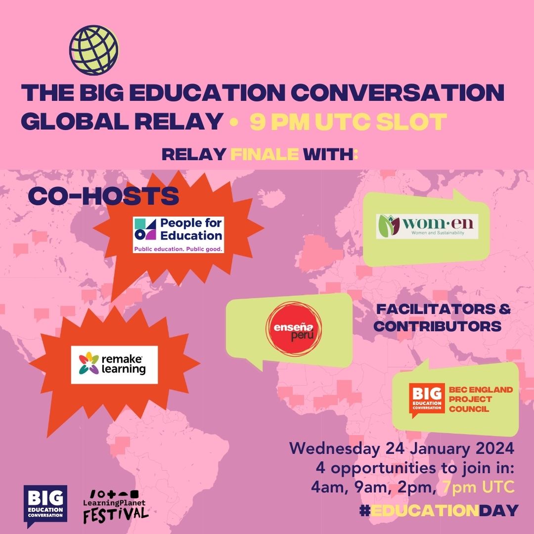 It's time to co-create the #BigEdConversation Global Relay!

1. Choose your call: UTC 4am / 9am / 2pm / 7pm
2. Register to receive the zoom link: bit.ly/BECrelay
3. Send this post to a colleague or friend, inviting them to join you 🌏🌍🌎

#EducationDay