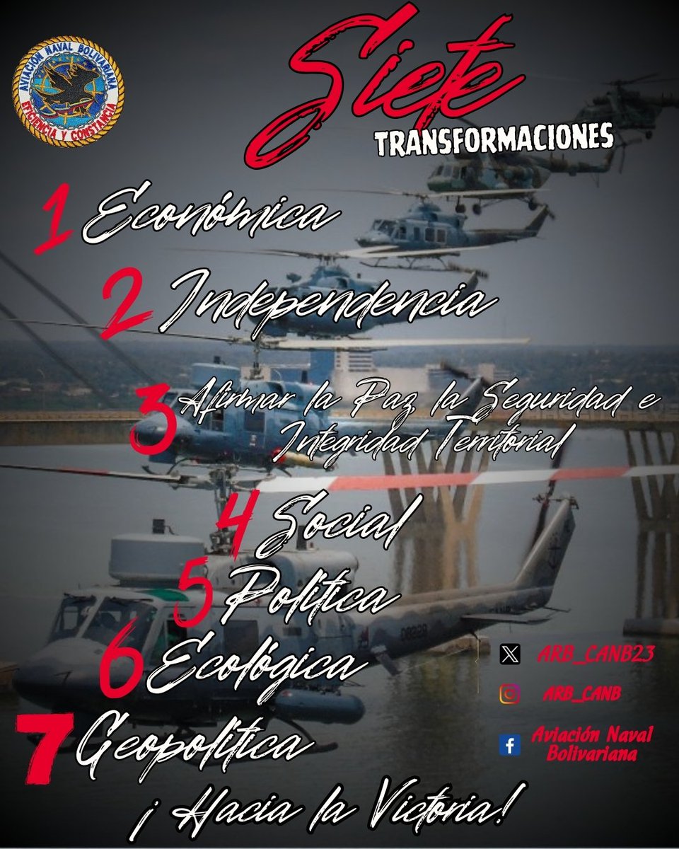 📌 La <a href="/ARB_CANB23/">Aviacion Naval Bolivariana</a> te invita a conocer las siete (7) transformaciones, plan 2030 . Hacia la Venezuela Potencia.

#HaciaLaVictoria
#AviadoresNavalesPorSiempre 

<a href="/NicolasMaduro/">Nicolás Maduro</a> 
<a href="/vladimirpadrino/">Vladimir Padrino L.</a> 
<a href="/dhernandezlarez/">GJ. Domingo Hernández Lárez</a> 
<a href="/CEOFANBVE/">CEOFANB</a> 
<a href="/ArmadaFANBVzla/">Armada_ve</a> 
<a href="/PrensaFANB/">mindefensa_ve</a> 
<a href="/TVFANB/">TVFANB PLUS</a>