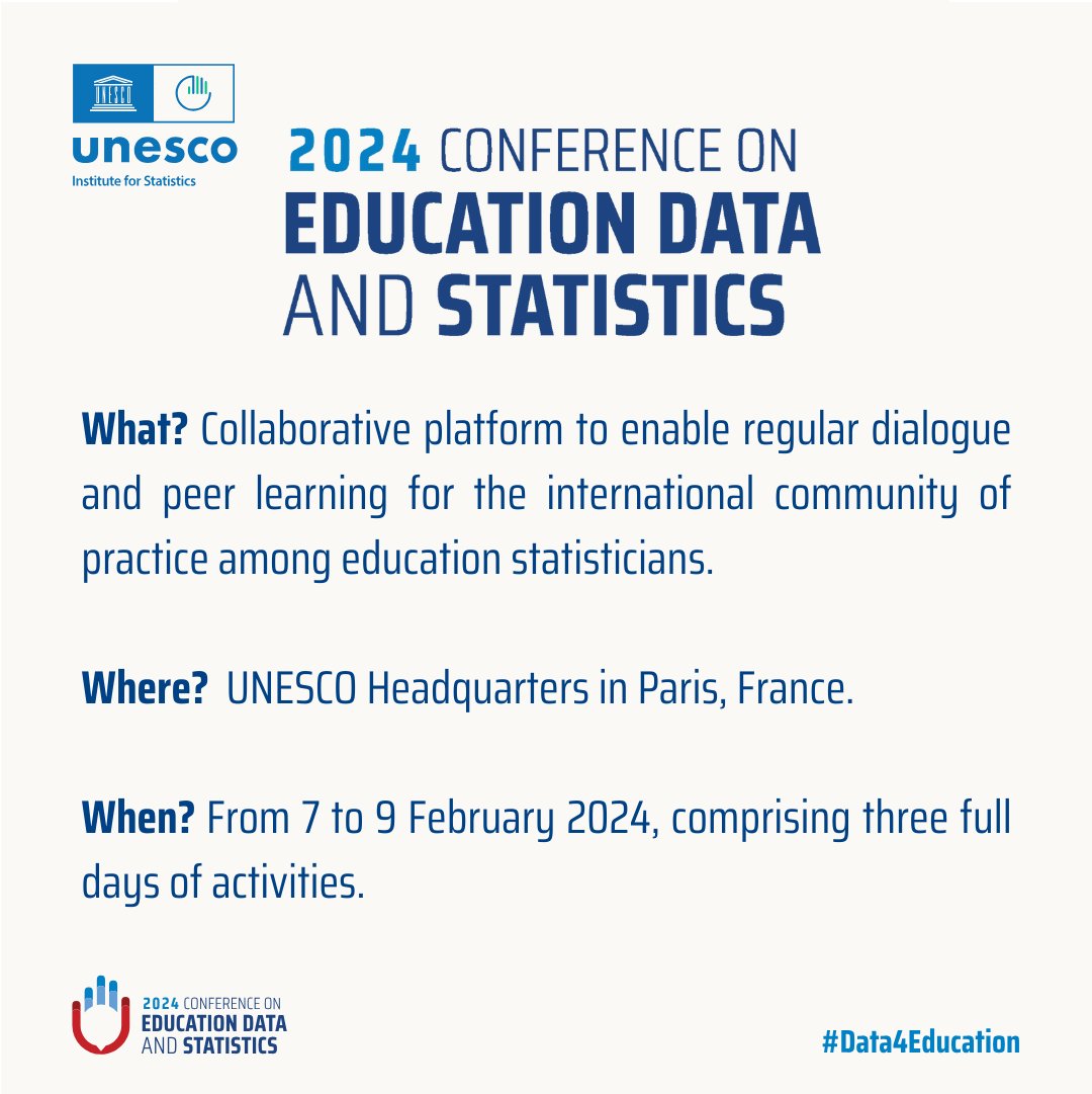 The first Conference on Education Data and Statistics will take place from 7-9 February 2024 at UNESCO Headquarters in Paris. The Conference is envisioned as a regular dialogue and peer learning platform for the international community of practice among education statisticians.
