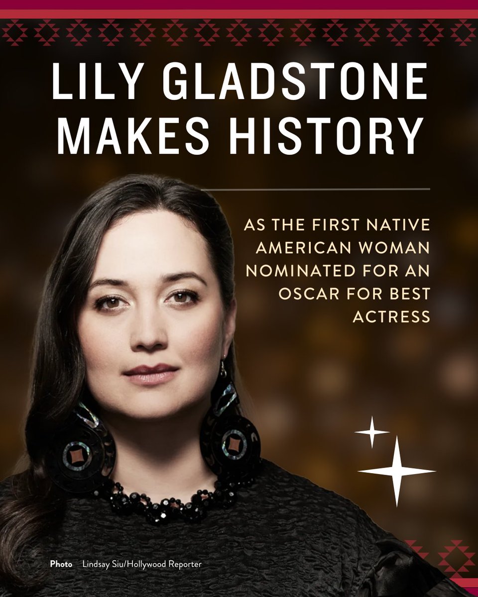 Lily Gladstone (Siksikaitsitapii/Nimíipuu) cements her legacy as the first Native American woman nominated for an #Oscar for Best Actress. Join us in celebrating this historic nomination! Congratulations, @lily_gladstone! #KillersOfTheFlowerMoon #OsageNation