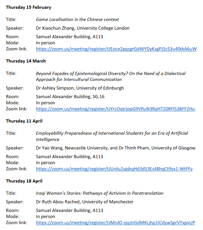 Happy to announce the programme of research seminars offered by CTIS in Semester 2 of this academic year. Our seminars are offered in a hybrid format, which means you can join us on campus in the Samuel Alexander Building or online by registering in advance. More details soon!