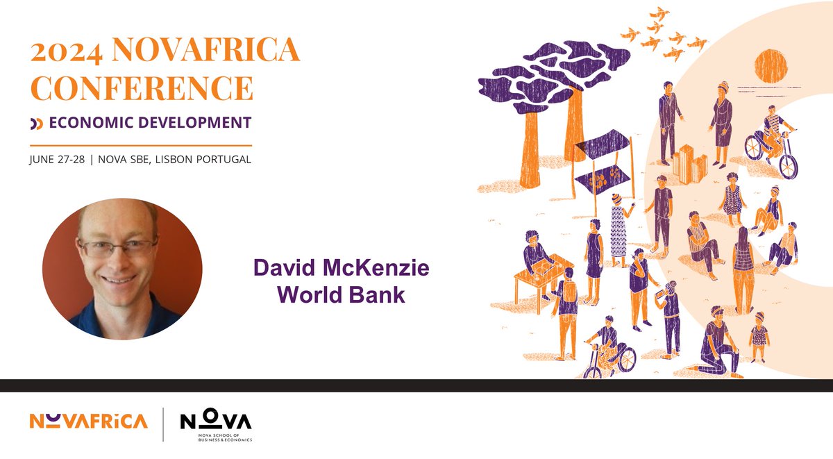 NOVAFRICA (@novafrica) on Twitter photo We are thrilled to introduce the keynotes for the 2024 @NOVAFRICA Conference on Economic Development!
David McKenzie <a href="/dmckenzie001/">David McKenzie</a> <a href="/WorldBank/">World Bank</a> will join us on June 27-28 at <a href="/NovaSBE/">NovaSBE</a> in Lisbon, Portugal.
🔗 Submit by Feb 15: bit.ly/3Hffiff
#EconTwitter #NOVAFRICA2024 We are thrilled to introduce the keynotes for the 2024 @NOVAFRICA Conference on Economic Development!
David McKenzie <a href="/dmckenzie001/">David McKenzie</a> <a href="/WorldBank/">World Bank</a> will join us on June 27-28 at <a href="/NovaSBE/">NovaSBE</a> in Lisbon, Portugal.
🔗 Submit by Feb 15: bit.ly/3Hffiff
#EconTwitter #NOVAFRICA2024