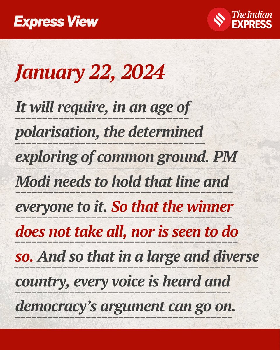 IndianExpress's tweet photo. #ExpressEditorial | As consequential as this moment is, however, as transformative as it is in its larger significance, it has not caught the nation by surprise.
The #BJP’s serial electoral victories since it first won the Centre with a single party majority in 2014, steadily paved the ground for it.
A #Ramtemple on the site where #BabriMasjid was felled in 1992 was the party’s promise to voters, even when its coalition allies forced it to push that commitment onto the backburner.
Click on the 🔗 below to read the full #edit 👇🏽
https://t.co/GXWHrEOKAH