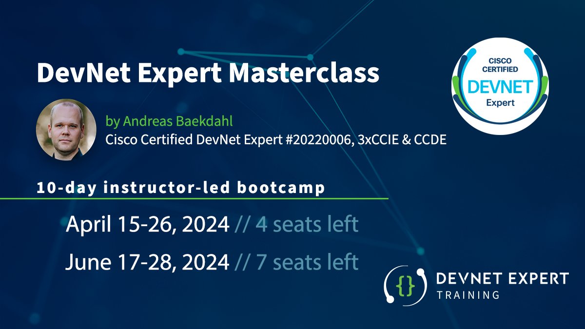 devnettraining's tweet image. DevNet Expert bootcamp: only 4 seats left!
The European timezone-friendly April edition of the #DevNetExpert Masterclass is starting to fill up. There is a limit of 8 students in the class, so if you plan to enroll, now is the time to secure your seat 🪑🎓
DevNetExpertTraining.com
