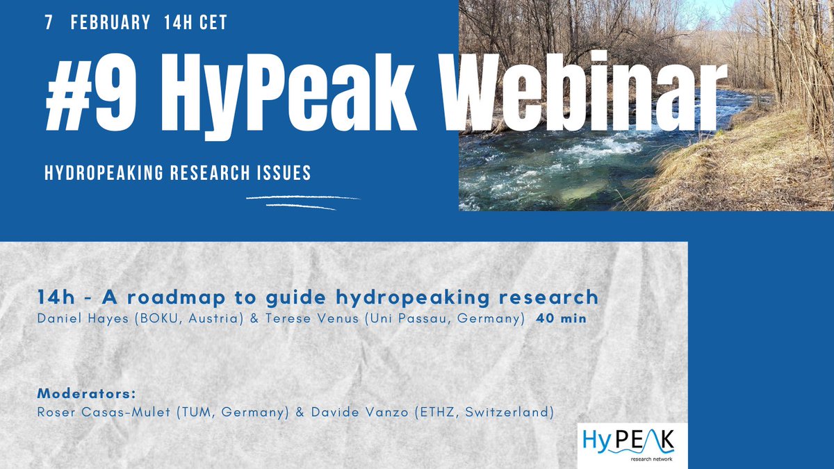 HyPeakNetwork (@hy_peak) on Twitter photo The next webinar from the <a href="/hy_peak/">HyPeakNetwork</a> network is just around the corner! 🖥
This time we will explore a roadmap to guide hydropeaking research with <a href="/DanielSHayes/">Daniel S. Hayes</a> and @TereseVenus 🌊
Save the date: 7th February 2024, 14:00 CET
Register here 👉 lnkd.in/d_wdiZCb The next webinar from the <a href="/hy_peak/">HyPeakNetwork</a> network is just around the corner! 🖥
This time we will explore a roadmap to guide hydropeaking research with <a href="/DanielSHayes/">Daniel S. Hayes</a> and @TereseVenus 🌊
Save the date: 7th February 2024, 14:00 CET
Register here 👉 lnkd.in/d_wdiZCb