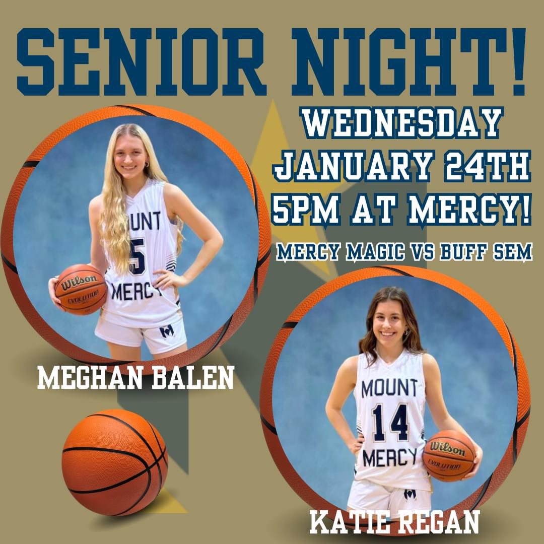 mercy_athletics's tweet photo. Come cheer on the Mercy Magic as they take on @HawkSquawks at 5pm on Wednesday, January 24th. It's SENIOR NIGHT! Mercy will be honoring our two senior Varsity Basketball players, Meghan Balen and Katie Regan. Come and show your support!
#mercymagic #mmavbball #mercyseniors https://t.co/NEe7lyMUGu
