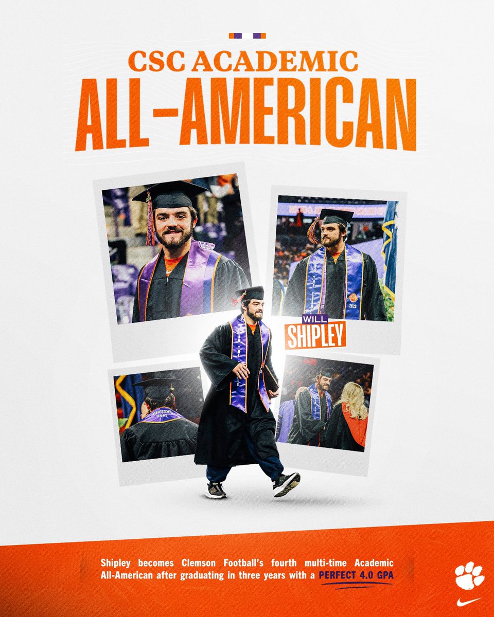 Clemson Football (@clemsonfb) on Twitter photo After 4,000+ career all-purpose yards and a perfect 4.0 GPA, <a href="/willshipley2021/">willshipley1</a> has become the fourth multi-time Academic All-American in Clemson Football history. <a href="/CollSportsComm/">College Sports Communicators</a> <a href="/AcadAllAmerica/">Academic All-America®, selected by CSC</a>
📰: clemsontigers.com/shipley-earns-… After 4,000+ career all-purpose yards and a perfect 4.0 GPA, <a href="/willshipley2021/">willshipley1</a> has become the fourth multi-time Academic All-American in Clemson Football history. <a href="/CollSportsComm/">College Sports Communicators</a> <a href="/AcadAllAmerica/">Academic All-America®, selected by CSC</a>
📰: clemsontigers.com/shipley-earns-…