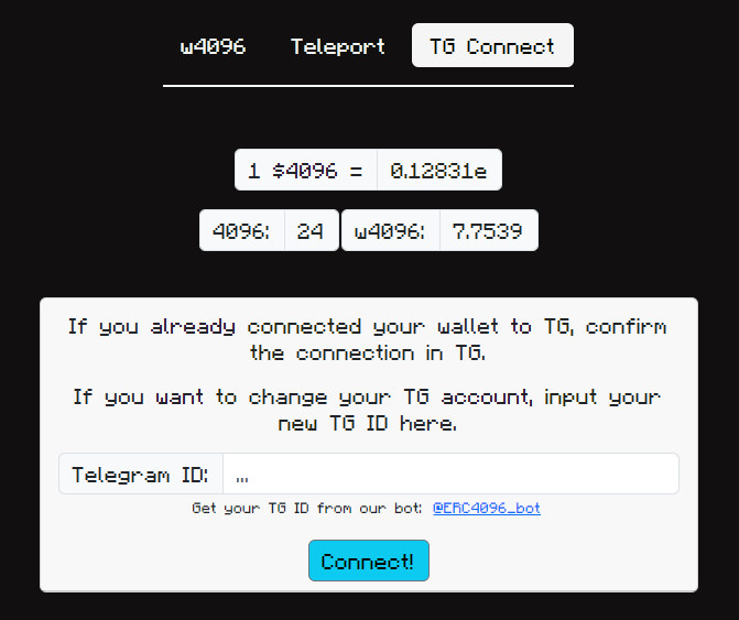 Telegram connection is live! This is a first step for the 4096 Club development.

Visit "TG Connect" tab on app.4096.cash

You'd need to sign a message to get your $ETH account connected to Telegram.
When signing any messages with your wallet, make sure you understand