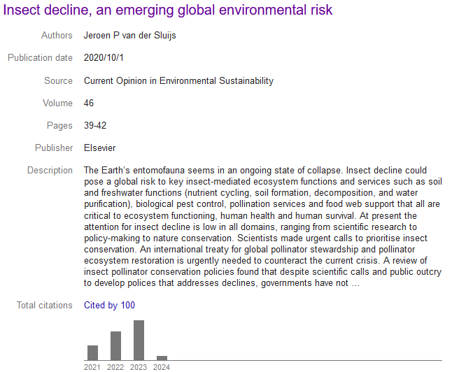 My paper "Insect decline, an emerging global environmental risk" received its 100th citation today scholar.google.com/citations?view…