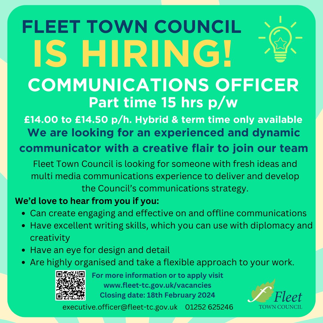 Fleet Town Council is looking for a Communications Officer. Please see below for details. To APPLY  visit 🌐︎ fleet-tc.gov.uk/Vacancies.aspx
