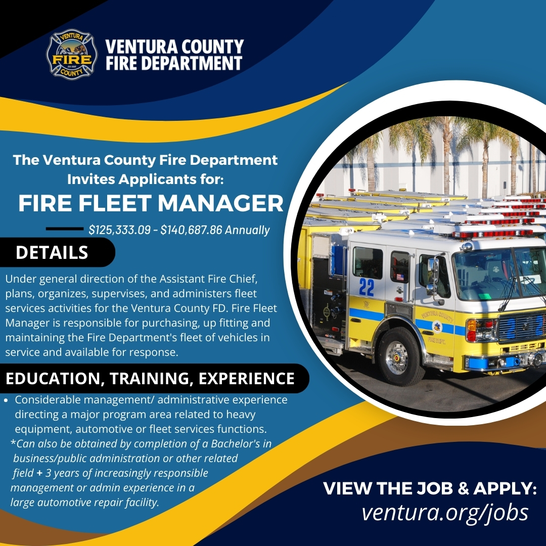 JoinVCFD's tweet image. ‼️ Now hiring for Fire Fleet Manager!

🔥 Curious about the recruitment and position? Check out the job bulletin linked below! 

📆Application Deadline: February 6, 2024 at 5PM. 

✅Apply at: governmentjobs.com/careers/ventur…

#JoinVCFD #VCFD #FireFleetManager #FleetManager #FireFleet