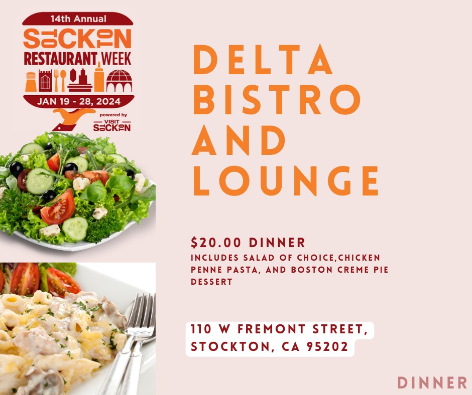 DowntownStkn's tweet image. From now till January 28th is Stockton Restaurant Week, powered by Visit Stockton, featuring various specials from local eateries.

Delta Bistro and Lounge will be serving a dinner special. 

#downtownstockton #stocktonca #visitstockton #deltabistroandlounge