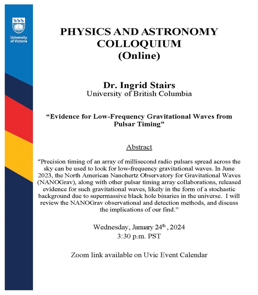 COLLOQUIUM (Online): Dr. Ingrid Stairs, University of British Columbia, will give an online colloquium on Wednesday January 24th at 3:30pm PST. For more information: events.uvic.ca/physics/event/…