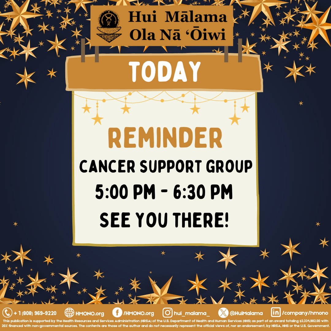 HuiMalama's tweet photo. Are you a current cancer patient, survivor, or caregiver?🏥

Who better to support you through your journey than an ‘ohana that has experience with the struggle?🎗️

Join our cancer support group at https://t.co/XV2Faffiwb, or call us at (808) 969-9220. 💻 ☎️ 🌐

#cancersupport https://t.co/QT0dXiQk4M