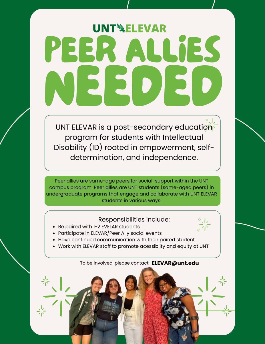 UNT ELEVAR (@untelevar) on Twitter photo ELEVAR is recruiting Peer Allies! Peer Allies work with students to foster relationships, create accessibility and equity on campus, and attend social events. Contact ELEVAR@unt.edu to get involved! 
<a href="/UNTsocial/">University of North Texas</a> <a href="/UNT_RHS/">UNT - Rehab & Health Services</a> <a href="/HpsTogether/">HPSTogether</a> ELEVAR is recruiting Peer Allies! Peer Allies work with students to foster relationships, create accessibility and equity on campus, and attend social events. Contact ELEVAR@unt.edu to get involved! 
<a href="/UNTsocial/">University of North Texas</a> <a href="/UNT_RHS/">UNT - Rehab & Health Services</a> <a href="/HpsTogether/">HPSTogether</a>