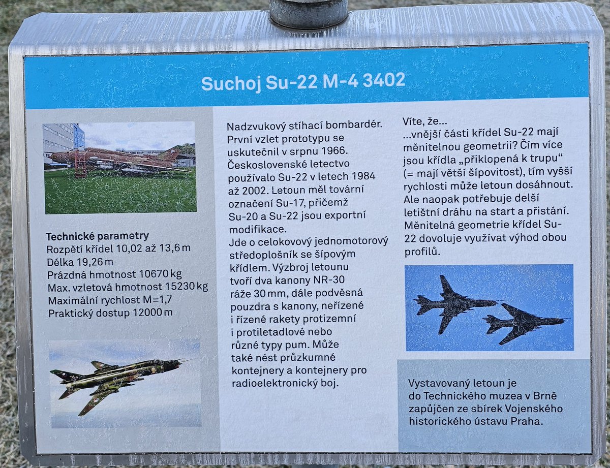 volantis4pilots's tweet photo. The Sukhoi Su-22 M-4 3402 was a supersonic fighter-bomber with its first prototype flight in August 1966. It served in the Czechoslovak Air Force from 1984 to 2002. #plane #aviator #pilot https://t.co/nCfsOiVsfq