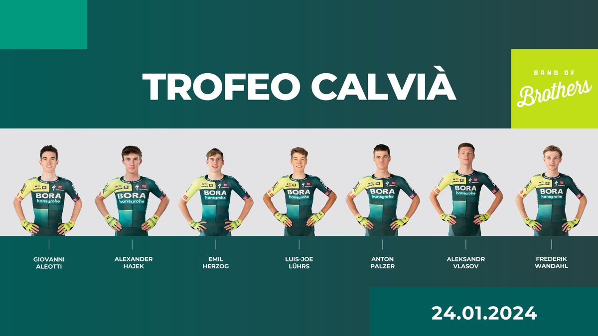 🇪🇸 Let's start the upcoming race days in Spain with the Trofeo Calvià.
Check out our line-up for tomorrow:

👉 Giovanni Aleotti
👉 Alexander Hajek
👉 Emil Herzog
👉 Luis-Joe Lührs
👉 Anton Palzer
👉 Aleksandr Vlasov
👉 Frederik Wandahl

#BORAhansgrohe #BandOfBrothers