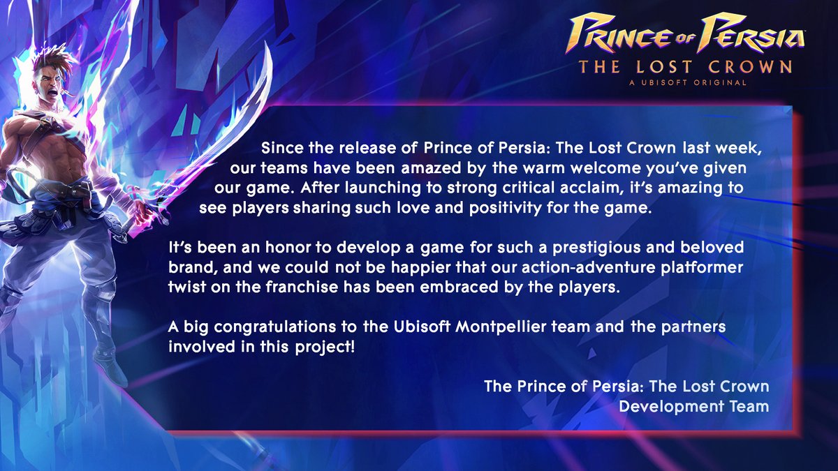 A message from the @PrinceOfPersia team. Thanks to you all ❤