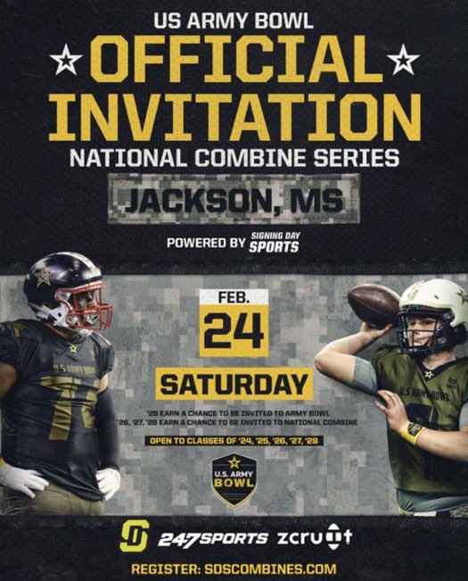 AGTG🙏🏾 Blessed to receive an invitation to the US ARMY BOWL NATIONAL COMBINE SERIES. @COACHJGZ @USArmyBowl